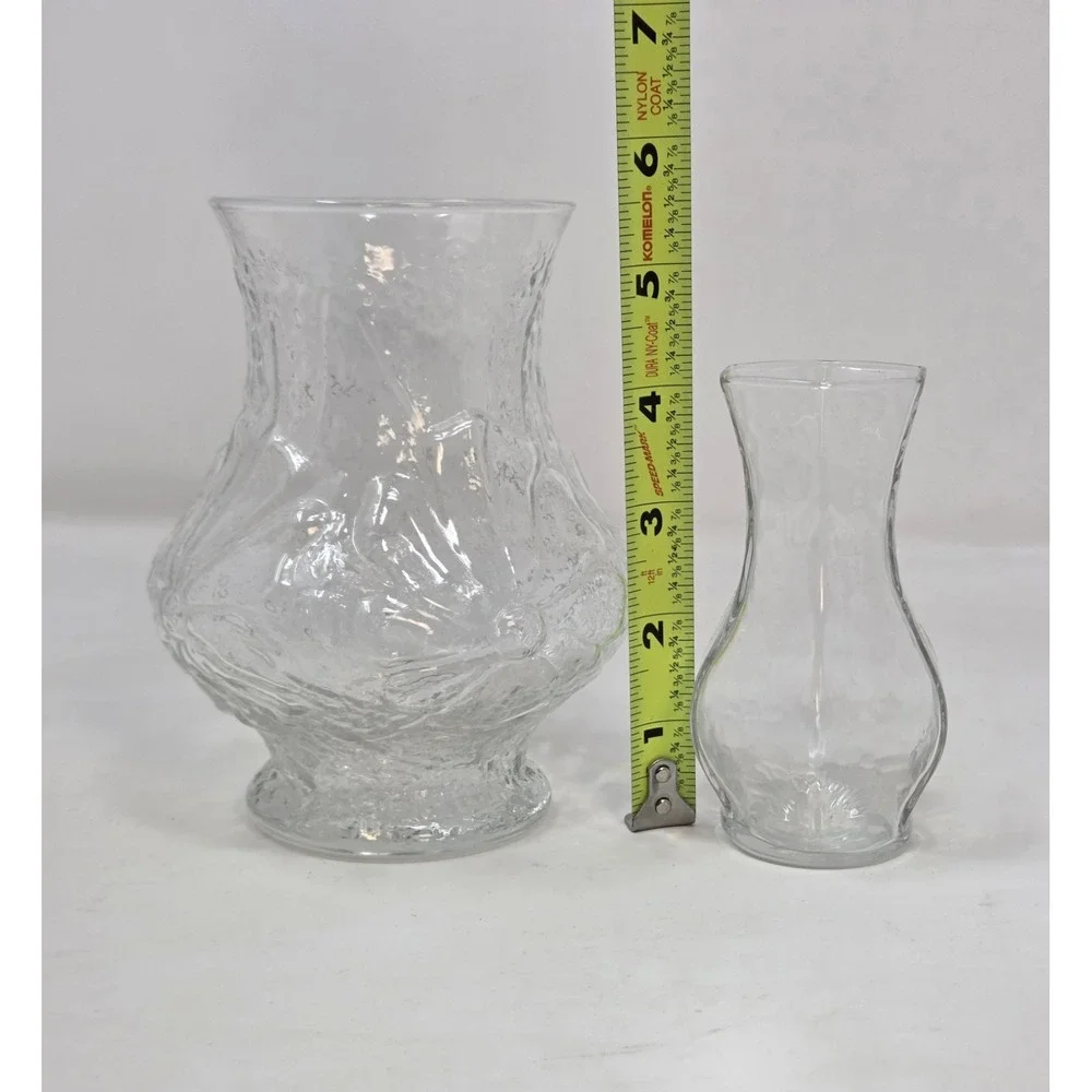 Vintage Crinkle Glass Vase Pair Clear MCM Pedestal Florist Vases Set of 2
